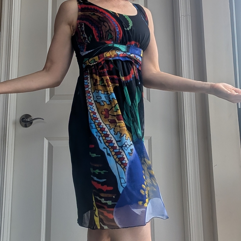 Desigual sleeveless midi dress, colorful butterfly motif